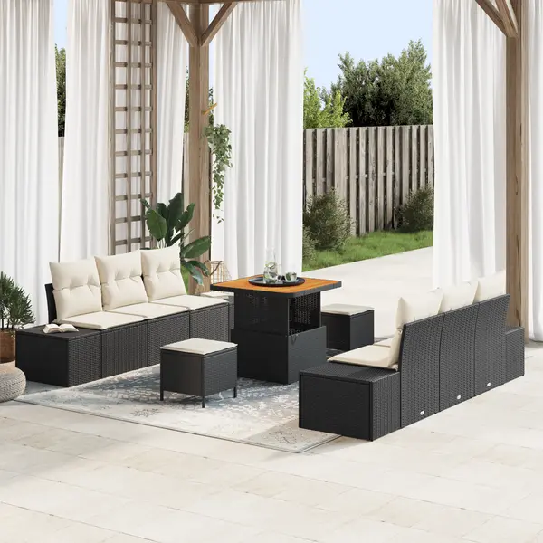 Set de 9 piese pentru gradina cu perne negre din ratan si acacia, sofa de gradina cu 2 locuri, cu depozit si perne negre din ratan, set de dining pentru gradina cu 3 piese, cu perne negre din ratan si acacia
