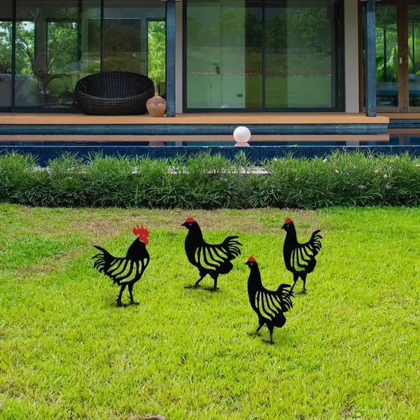 Set de accesorii metalice decorative pentru gradina Chicken Family Negru 23x27 cm