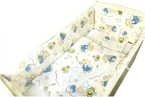 Set de aparatori pufoase h35 pat 140x70 cm DeLuxe Ursi cu albine pe crem
