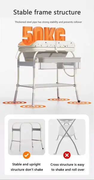 Set de baie 2 in 1 pentru copii Little Mom Grey cu masuta de infasat, salteluta cu masuratoare integrata, cadita cu termometru digital incorporat, dimensiune 54 x 83 x 93 cm