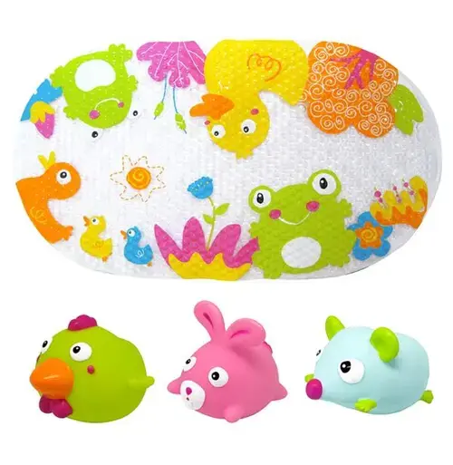 Set de baie 4 piese Knorr Toys KNR37021, include covoras de baie din PVC 69x39 cm si 3 jucarii animalute, 0 Luni+