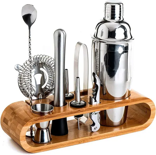Set de Barman pentru Bauturi, suport din Bambus, Shaker Cobbler 550 ml, 10 Piese, Otel Inoxidabil, Argintiu