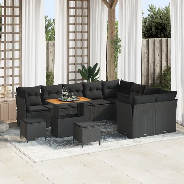 Set de canapea de gradina 12 piese cu perne negru poliratan acacia, set de masa de gradina 3 piese cu perne negru poliratan acacia