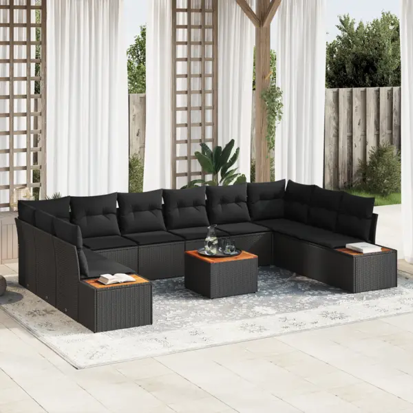 Set de canapea de gradina cu 11 piese si perne ratan poli negru acacia, canapea de gradina cu 2 locuri si depozitare & perne ratan poli negru