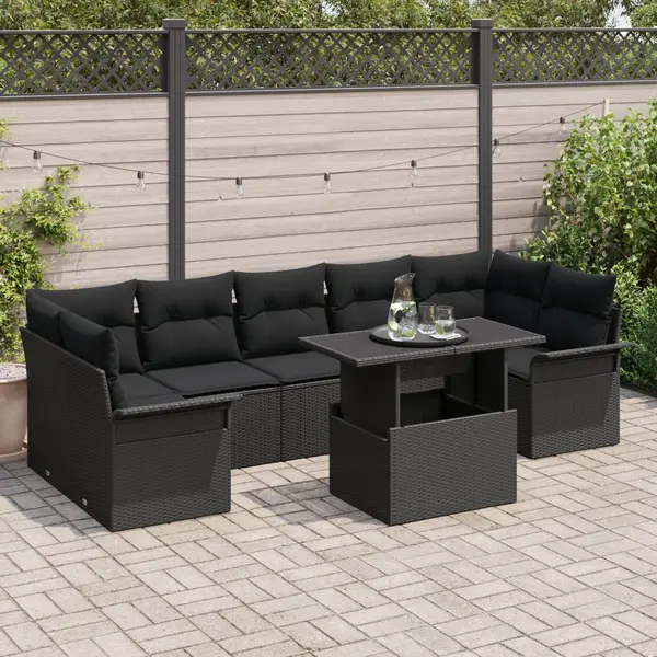 Set de canapea de gradina cu 8 piese si perne negru ratan poli, canapea de gradina de 2 locuri cu spatiu de stocare & perne negru ratan poli
