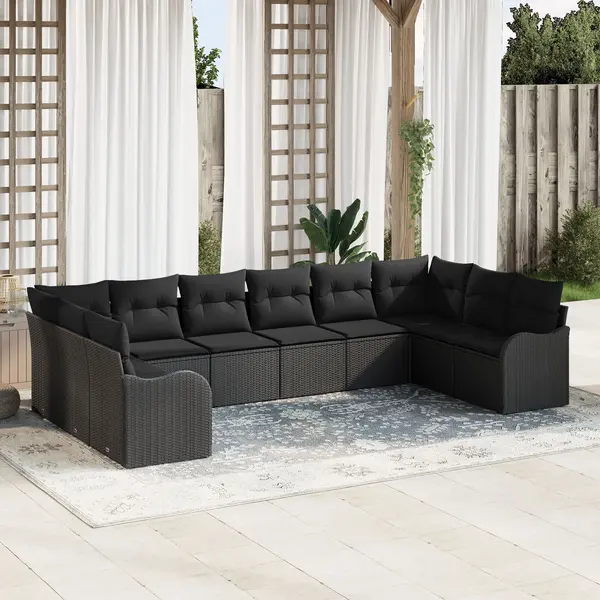 Set de canapea de gradina Gossi 10 piese cu perne negru poliratan, canapea de gradina Gossi 2 locuri cu perne negru poliratan