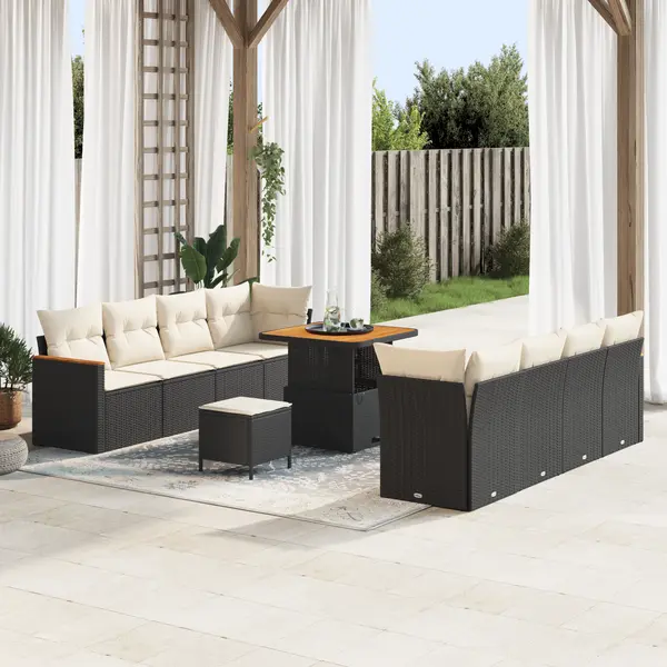 Set de canapea de gradina Gossi 11 piese cu perne negru poliratan acacia, set de dining de gradina Gossi 3 piese cu perne negru poliratan acacia