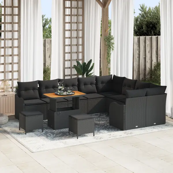 Set de canapea de gradina Gossi 12 piese cu perne negru poli ratan acacia, set de canapea gradina Gossi 2 locuri cu depozitare si perne negru poli ratan, set de dining pentru gradina Gossi 3 piese cu perne negru poli ratan acacia