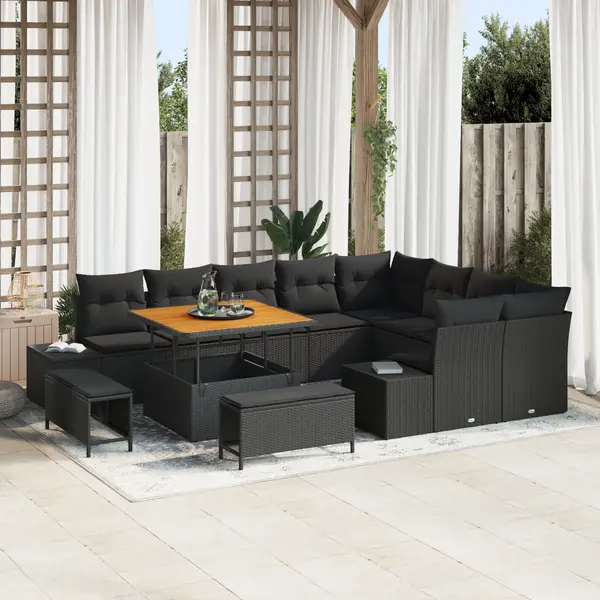 Set de canapea de gradina Gossi 12 piese cu perne negru poliratan acacia, set de dining de gradina Gossi 3 piese cu perne negru poliratan acacia, sofa de gradina Gossi 2 locuri cu perne negru poliratan