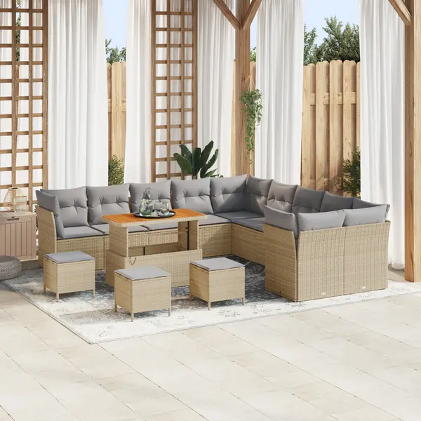 Set de canapea de gradina Gossi 14 piese cu perne bej ratan poli acacia, set de dining de gradina Gossi 4 piese cu perne bej ratan poli acacia