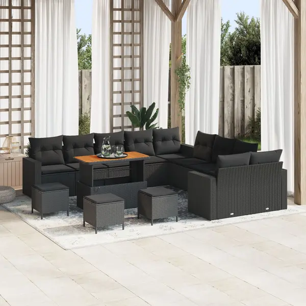 Set de canapea de gradina Gossi 14 piese cu perne negru poliratan acacia, set de dining de gradina Gossi 4 piese cu perne negru poliratan acacia