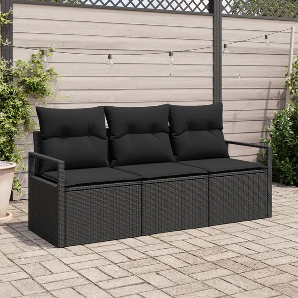 Set de canapea de gradina Gossi 3 piese cu perne negru ratan poliester, canapea de gradina Gossi pentru 2 persoane cu depozit si perne negru ratan poliester