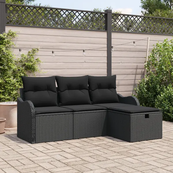 Set de canapea de gradina Gossi 4 piese cu perne negru poli ratan, canapea de gradina Gossi 2 locuri cu perne negru poli ratan