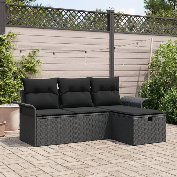 Set de canapea de gradina Gossi 4 piese cu perne poli ratan negru, canapea de gradina Gossi 2 locuri cu depozitare si perne poli ratan negru
