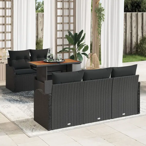 Set de canapea de gradina Gossi 6 piese cu perne negru poliratan acacia, canapea de gradina Gossi pentru 2 oameni cu perne negru poliratan