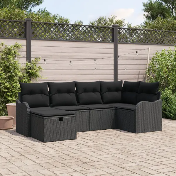 Set de canapea de gradina Gossi 6 piese cu perne negru poliratan, canapea de gradina Gossi 2 locuri cu perne negru poliratan