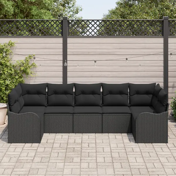 Set de canapea de gradina Gossi 7 piese cu perne negru poliratan, canapea de gradina Gossi cu 2 locuri cu storage si perne negru poliratan