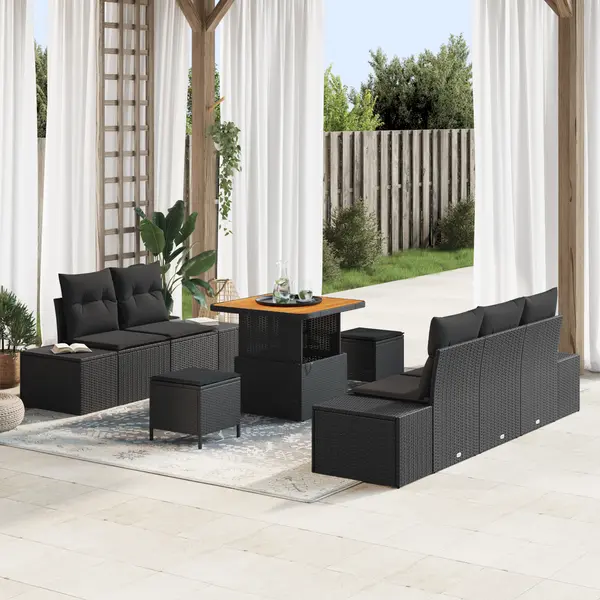 Set de canapea de gradina Gossi 8 piese cu perne negru ratan poly acacia, canapea de gradina Gossi cu 2 locuri si perne negru ratan poly, set de dining gradina Gossi 3 piese cu perne negru ratan poly acacia