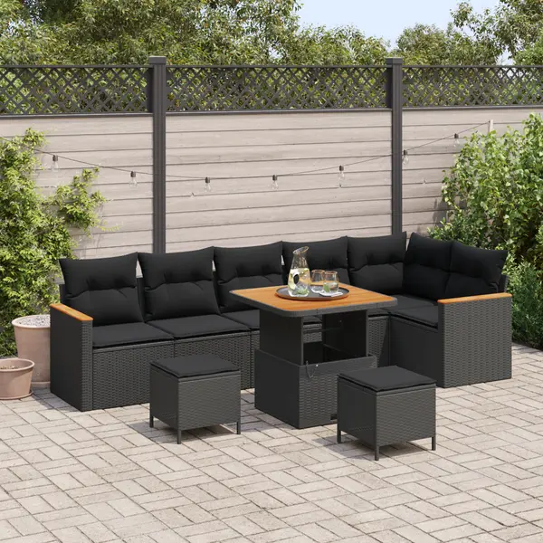 Set de canapea de gradina Gossi 9 piese cu perne negru poliratan acacia, set de dining de gradina Gossi 3 piese cu perne negru poliratan acacia