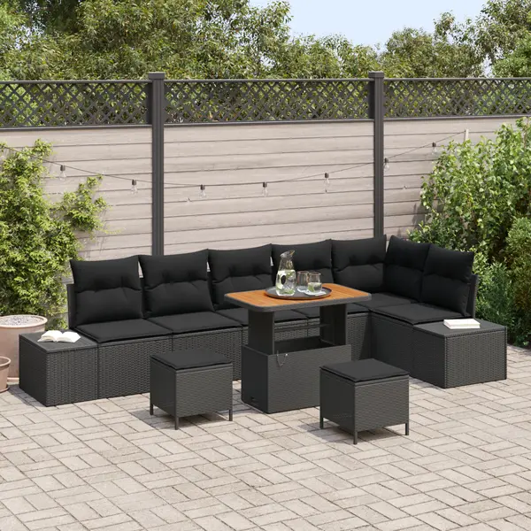 Set de canapea de gradina Gossi 9 piese cu perne negru poliratan acacia, canapea de gradina Gossi 2 locuri cu perne negru poliratan, set de dining grina Gossi 3 piese cu perne negru poliratan acacia