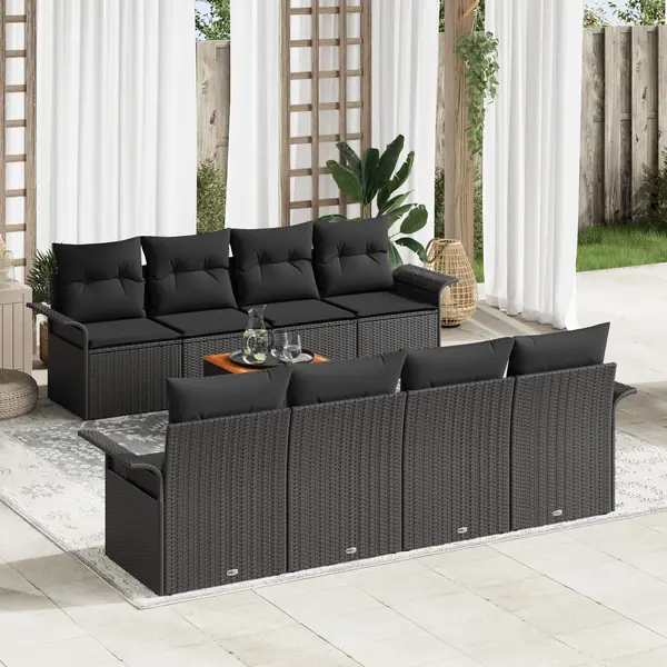 Set de canapea de gradina Gossi 9 piese cu pernute negru poliratan acacia, canapea de gradina Gossi 2-posturi cu spatiu de stocare & pernute negru poliratan