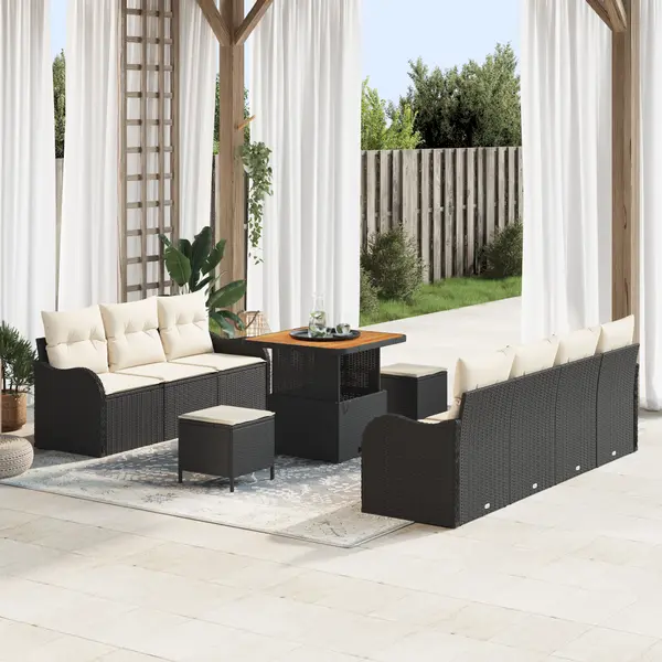 Set de canapea de gradina Gossi cu 10 piese si perne ratan negru acacia, canapea de gradina Gossi cu 2 locuri si perne ratan negru, set de dining pentru gradina Gossi cu 3 piese si perne ratan negru acacia