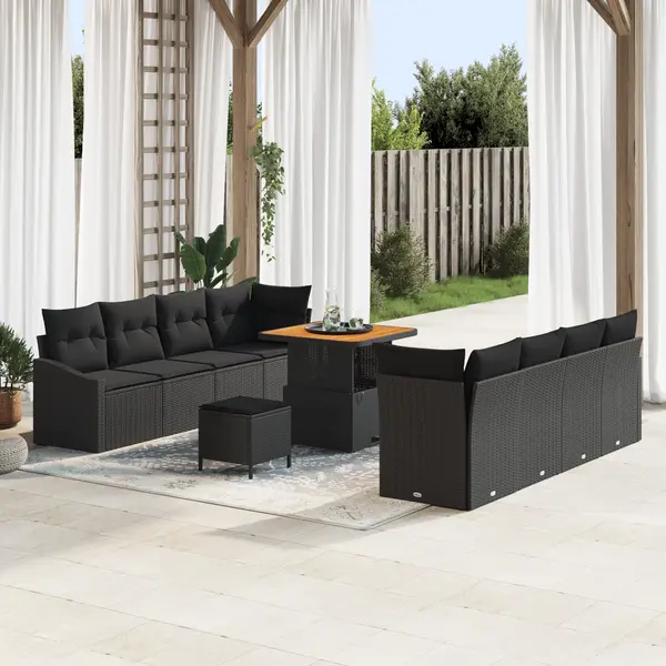 Set de canapea de gradina Gossi cu 11 piese si perne negru poliratan acacia, canapea de gradina Gossi cu 2 locuri si perne negru poliratan, set de dining pentru gradina Gossi cu 3 piese si perne negru poliratan acacia