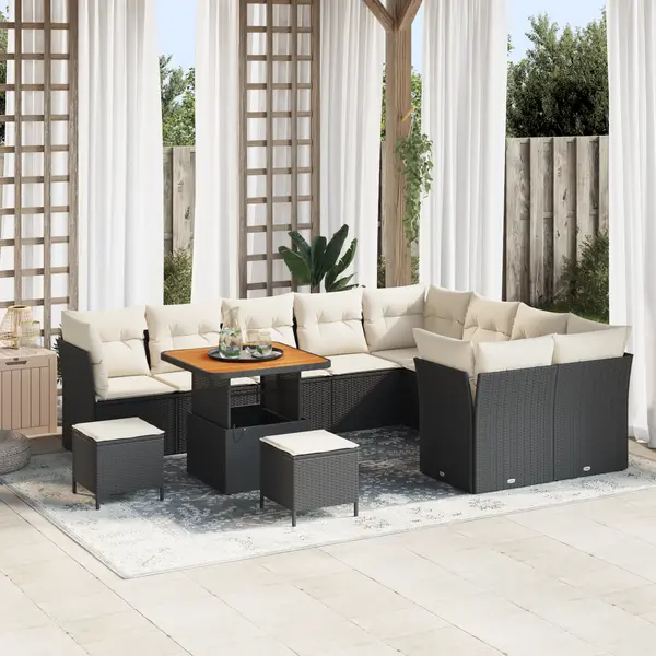 Set de canapea de gradina Gossi cu 12 piese cu perne negru poliratan acacia, set de dining de gradina Gossi cu 3 piese cu perne negru poliratan acacia