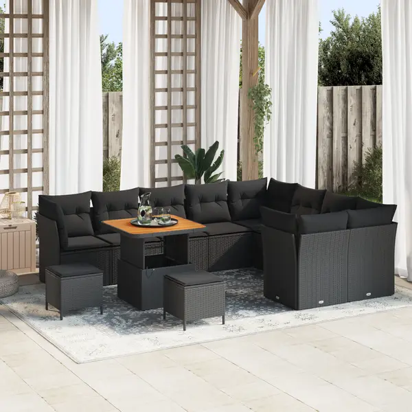Set de canapea de gradina Gossi cu 12 piese si perne, ratan poliester negru si acacia, set de dining de gradina Gossi cu 3 piese si perne, ratan poliester negru si acacia