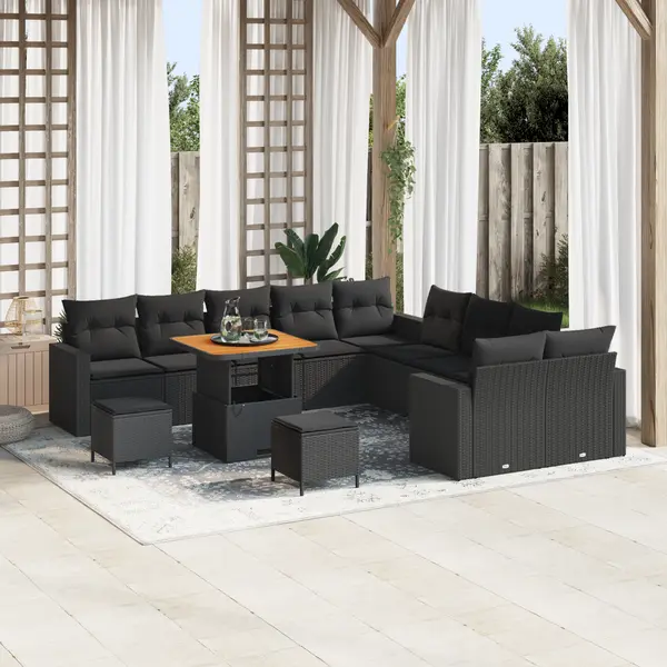 Set de canapea de gradina Gossi cu 13 piese cu perne negre poliratan, set de dining de gradina Gossi cu 3 piese cu perne negre poliratan