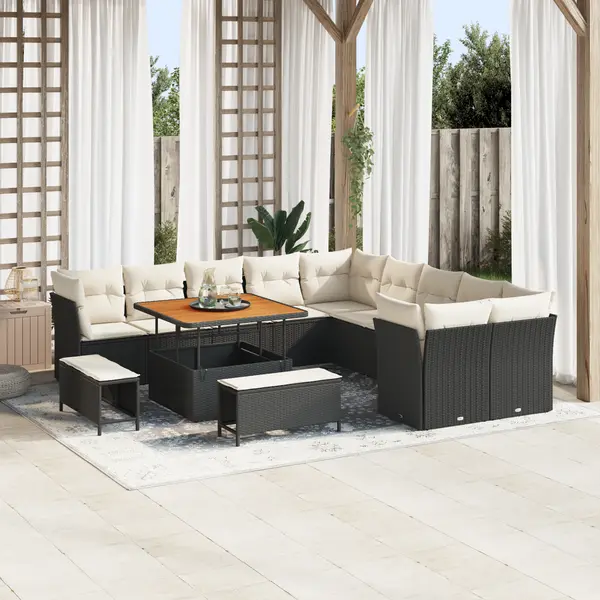 Set de canapea de gradina Gossi cu 13 piese cu perne negru poliratan acacia, set de dining de gradina Gossi cu 3 piese cu perne negru poliratan acacia