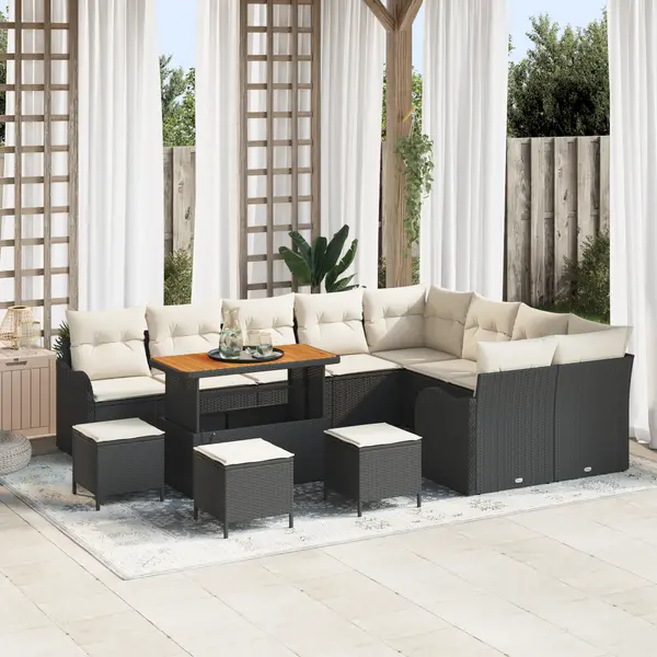 Set de canapea de gradina Gossi cu 13 piese cu perne, ratan negru, set de canapea de gradina Gossi cu 2 locuri cu depozit si perne, ratan negru, set de dining pentru gradina Gossi cu 4 piese cu perne, ratan negru