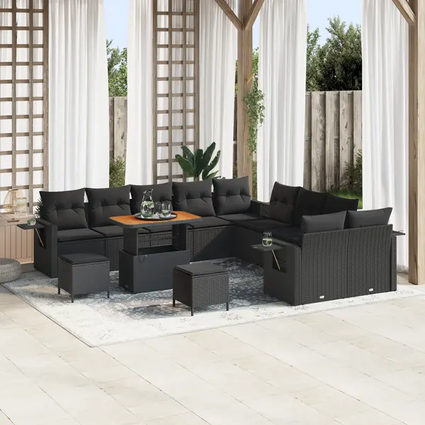 Set de canapea de gradina Gossi cu 13 piese cu perne - ratan negru acacia, set de dining de gradina Gossi cu 3 piese cu perne - ratan negru acacia