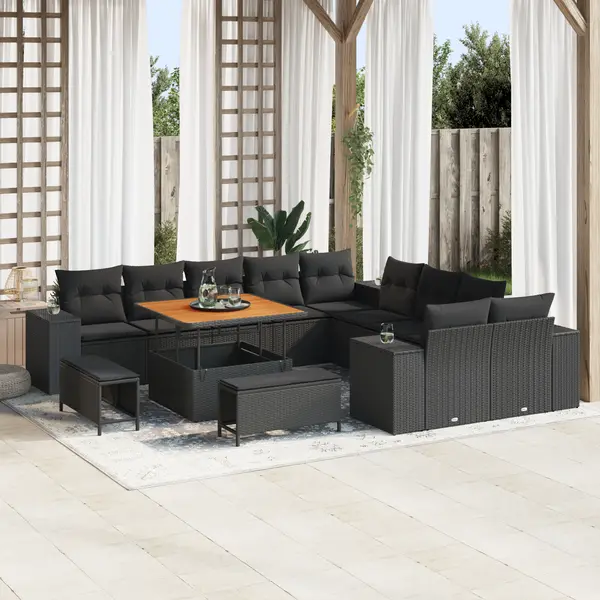 Set de canapea de gradina Gossi cu 13 piese si perne negre din ratan poliester, set de dining pentru gradina Gossi cu 3 piese si perne negre din ratan poliester