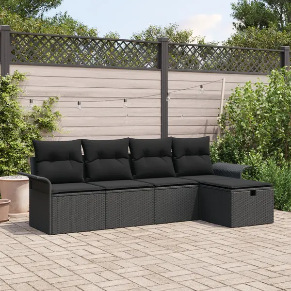 Set de canapea de gradina Gossi cu 5 piese si perne din ratan poliester negru, canapea de gradina Gossi cu 2 locuri si depozitare si perne din ratan poliester negru