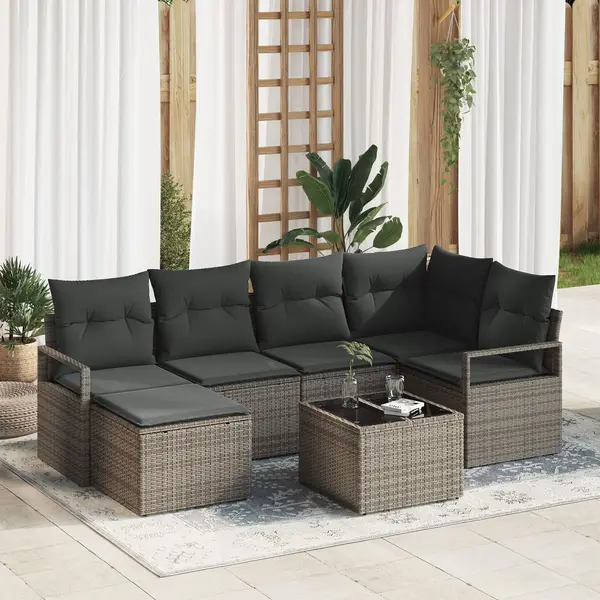 Set de canapea de gradina Gossi cu 6 piese si perne ratan sintetic negru, canapea de gradina Gossi cu 2 locuri cu stocare si perne ratan sintetic gri