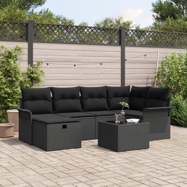 Set de canapea de gradina Gossi cu 7 piese si perne din ratan politian negru, set de canapea de gradina Gossi cu 2 locuri, cu depozitare si perne din ratan politian negru