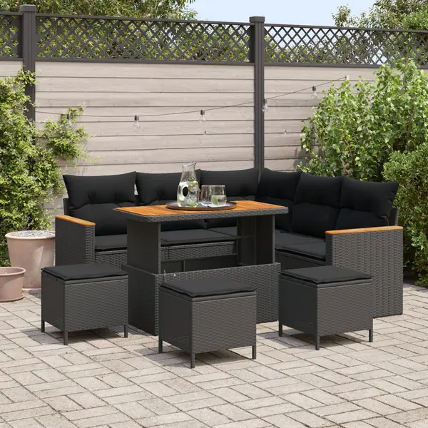Set de canapea de gradina Gossi cu 8 piese cu perne negre din rattan poliester acacia, set de dining de gradina Gossi cu 3 piese cu perne negre din rattan poliester acacia