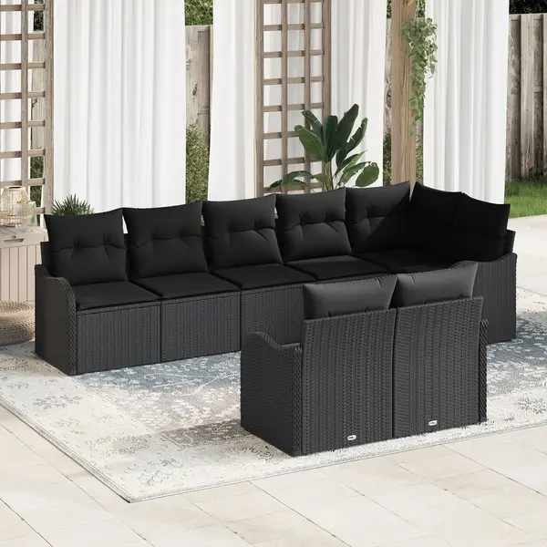 Set de canapea de gradina Gossi cu 8 piese si perne negru poliratan, set de canapea de gradina Gossi cu 2 locuri si perne negru poliratan