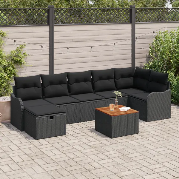 Set de canapea de gradina Gossi cu 8 piese si pernute negru poliratan, set de canapea de gradina Gossi cu 2 locuri si pernute negru poliratan