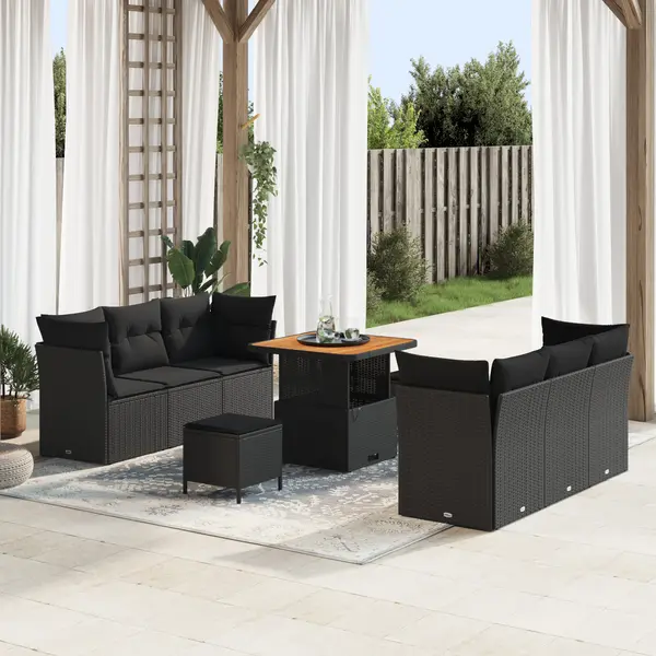 Set de canapea de gradina Gossi cu 9 piese negru ratan poli acacia, set de dining de gradina Gossi cu 3 piese negru ratan poli acacia