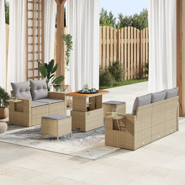 Set de canapea de gradina Gossi cu perne bej din ratan polimer acacia, set de dining de gradina Gossi cu perne bej din ratan polimer acacia
