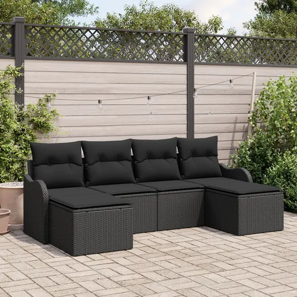 Set de canapea de gradina Gossi cu perne negre din ratan poli, canapea de gradina Gossi pentru doua persoane cu depozitare si perne negre din ratan poli