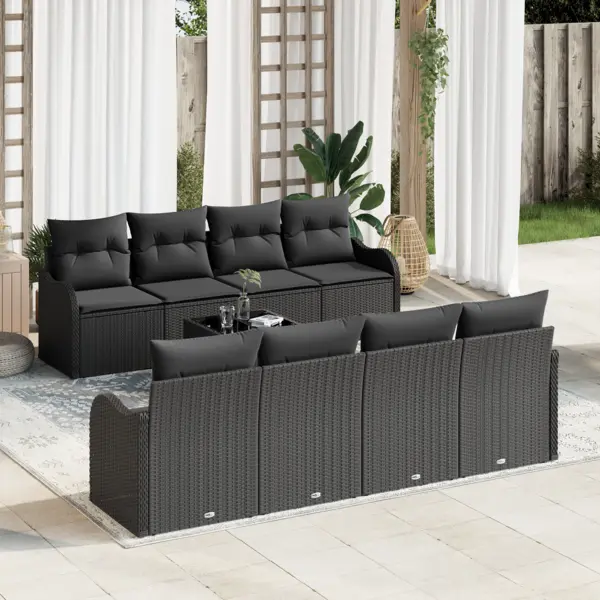 Set de canapea de gradina Gossi cu perne negru din ratan polimeric, canapea de gradina Gossi cu doua locuri si perne neagra din ratan polimeric