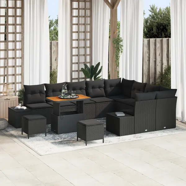 Set de canapea de gradina Gossi cu pernite negru ratan poli acacia, canapea de gradina Gossi pentru 2 persoane cu spatiu & pernite negru ratan poli, set de dining de gradina Gossi cu 3 piese cu pernite negru ratan poli acacia