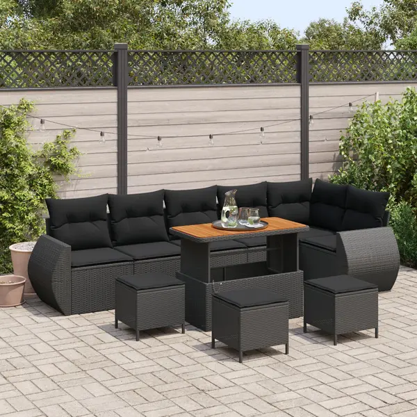 Set de canapea de gradina Gossi de 10 piese cu perne negru poli ratan, set de dining de gradina Gossi de 4 piese cu perne negru poli ratan
