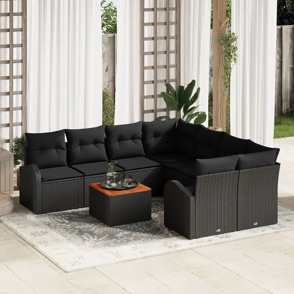 Set de canapea de gradina Gossi in 9 piese cu perne, negru, poliratan, acacia, canapea de gradina Gossi pentru 2 persoane, cu multe perne, negru, poliratan