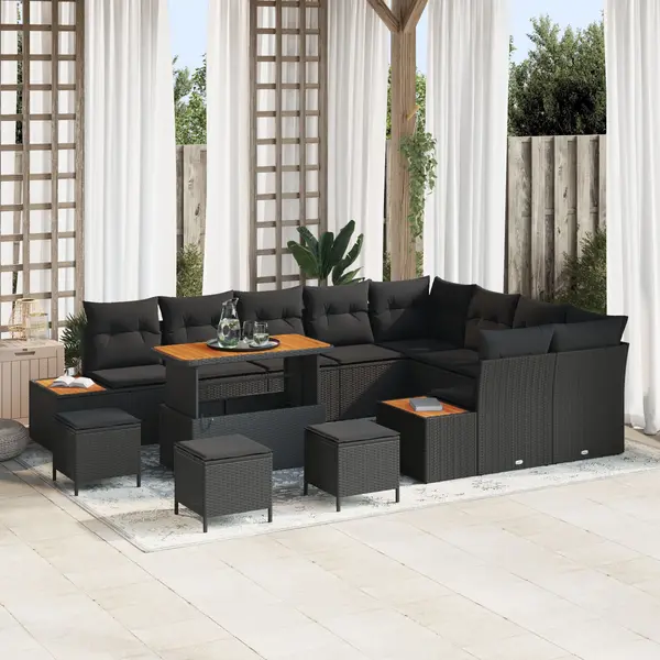 Set de canapea Gossi 12 piese cu perne negru poliratan acacia, set de dining pentru gradina Gossi 3 piese cu perne negru poliratan acacia