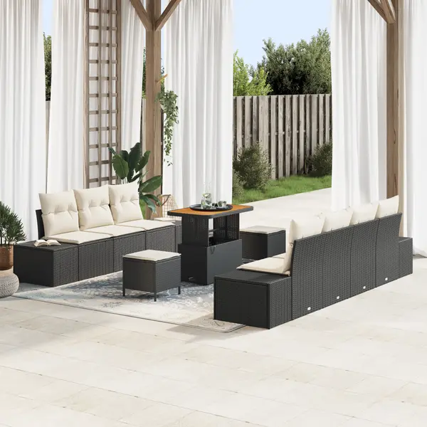 Set de canapea Gossi cu 10 piese si perne negru din ratan acacia, sofa de gradina Gossi cu 2 locuri si perne negru din ratan, set de dining pentru gradina Gossi cu 3 piese si perne negru din ratan acacia
