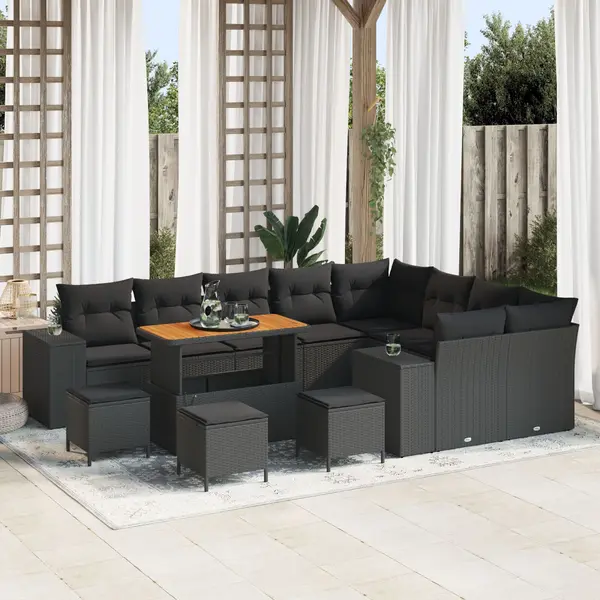 Set de canapea Gossi cu 12 piese si perne negru ratan poliratan acacia, set de dining pentru gradina Gossi cu 3 piese si perne negru ratan poliratan acacia